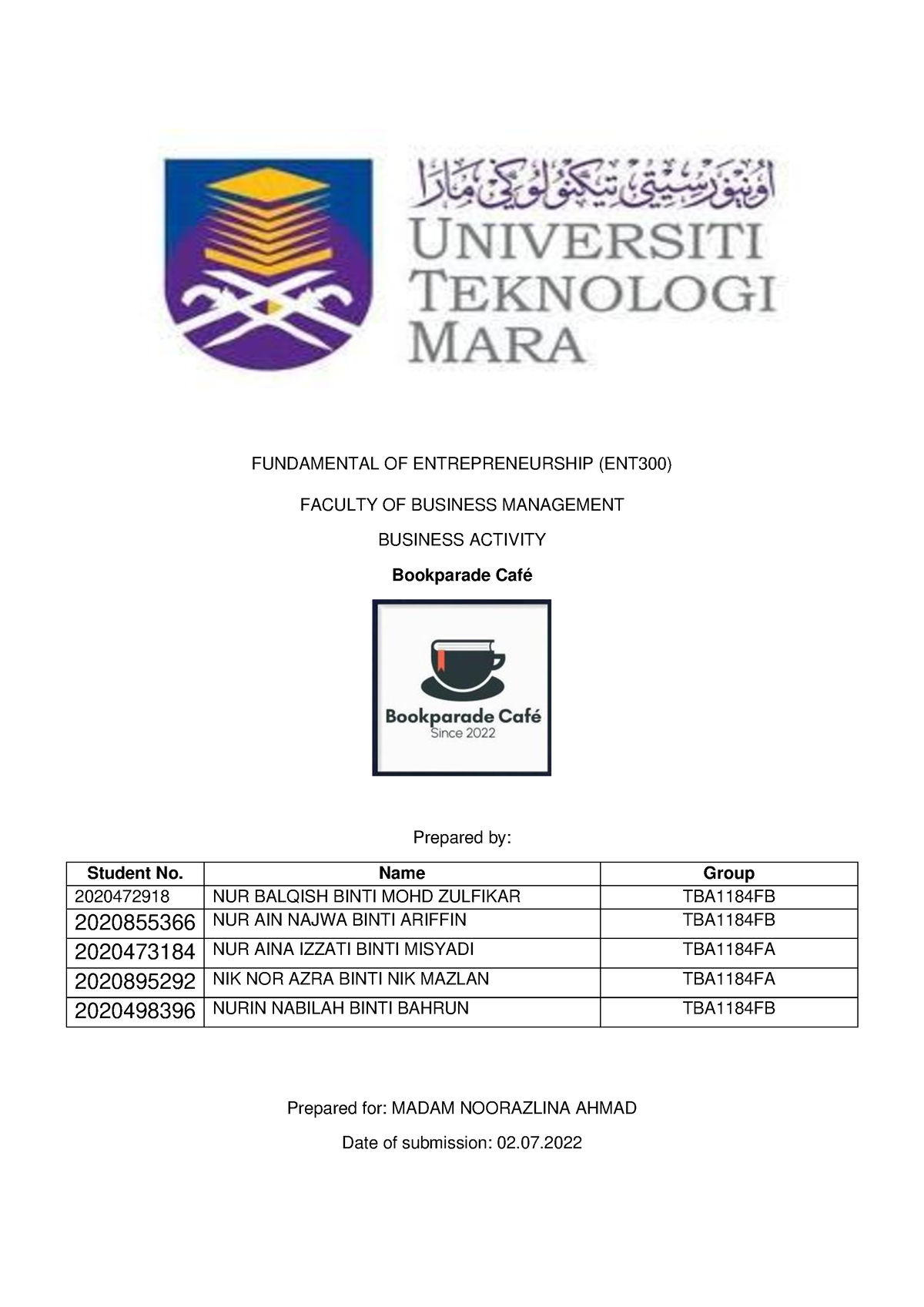 Group 4 - ENT300 Business Plan Report - FUNDAMENTAL OF ENTREPRENEURSHIP ...