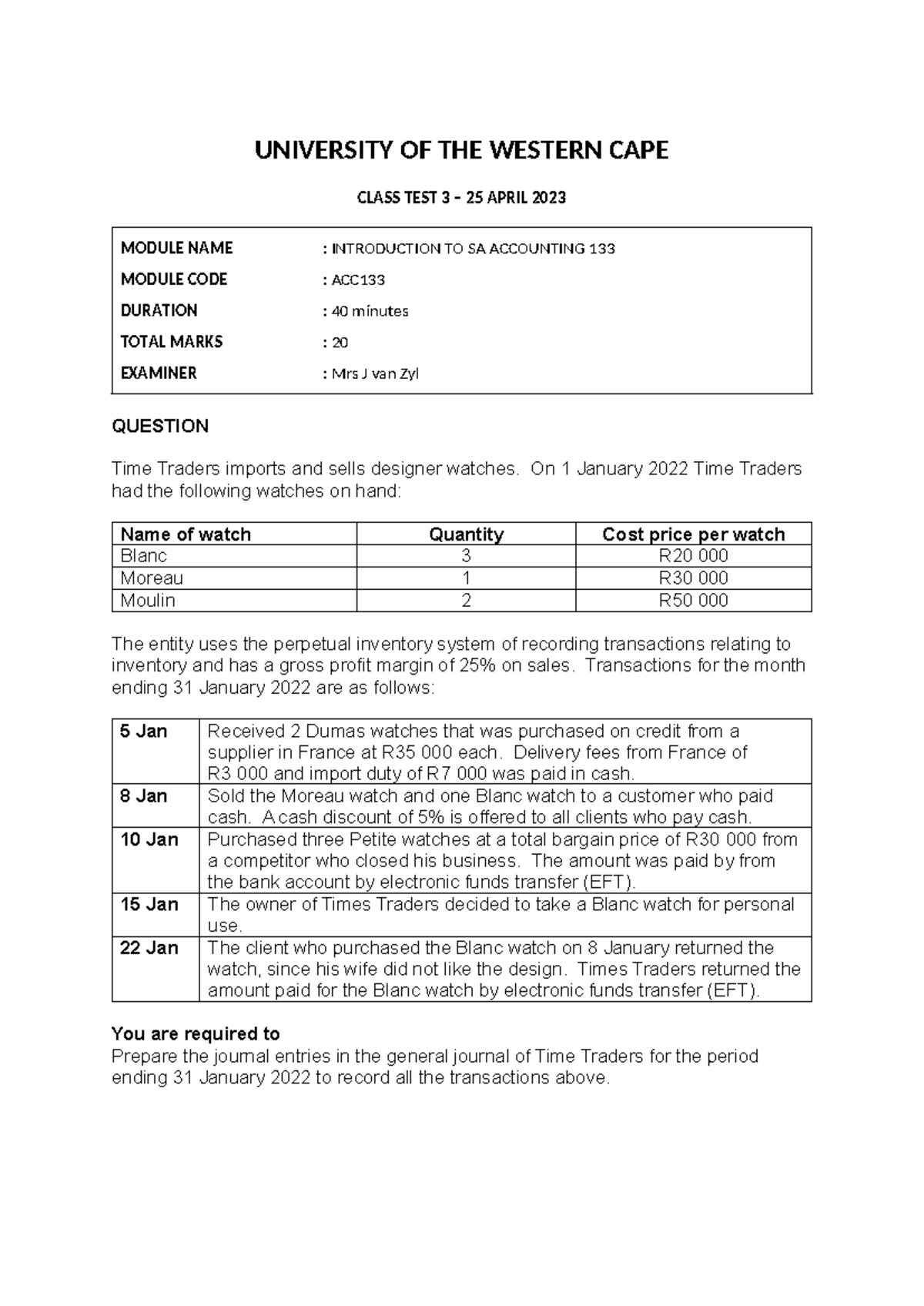 ACC133+Class+test+3+ 2023 -1 - UNIVERSITY OF THE WESTERN CAPE CLASS ...