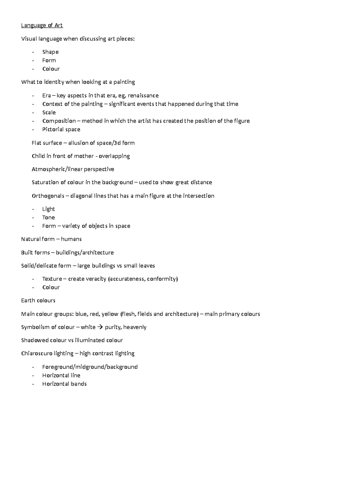 Language of Art Exam Study notes Language of Art Visual language