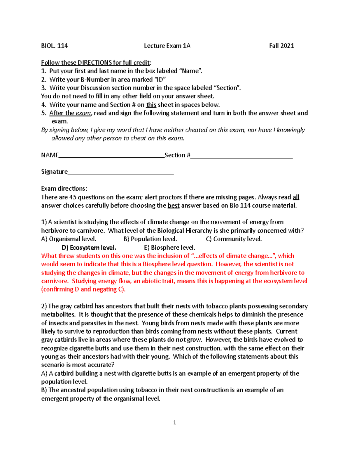 Exam 1 A and Group Exam key - BIOL. 114 Lecture Exam 1A Fall 2021 ...