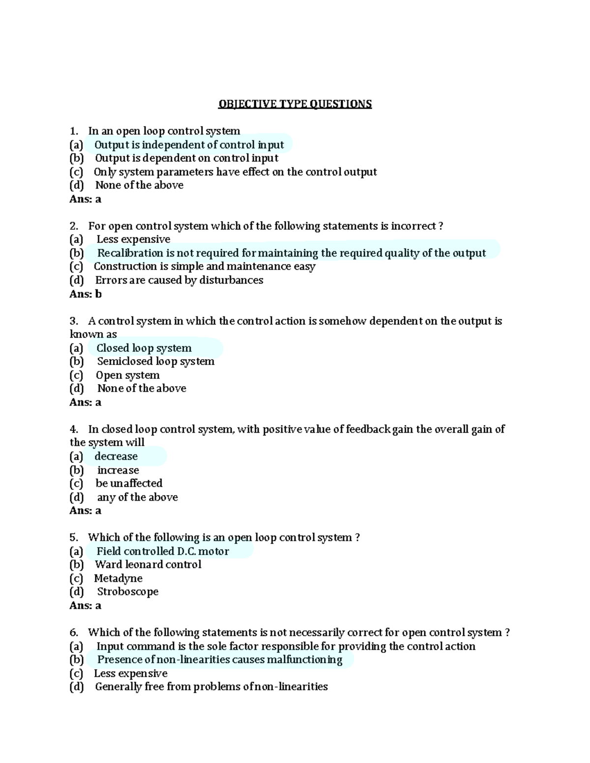 Control System Objective Type Questions GOVERNMENT COLLEGE OF ENGINEERING, BARGUR CONTROL