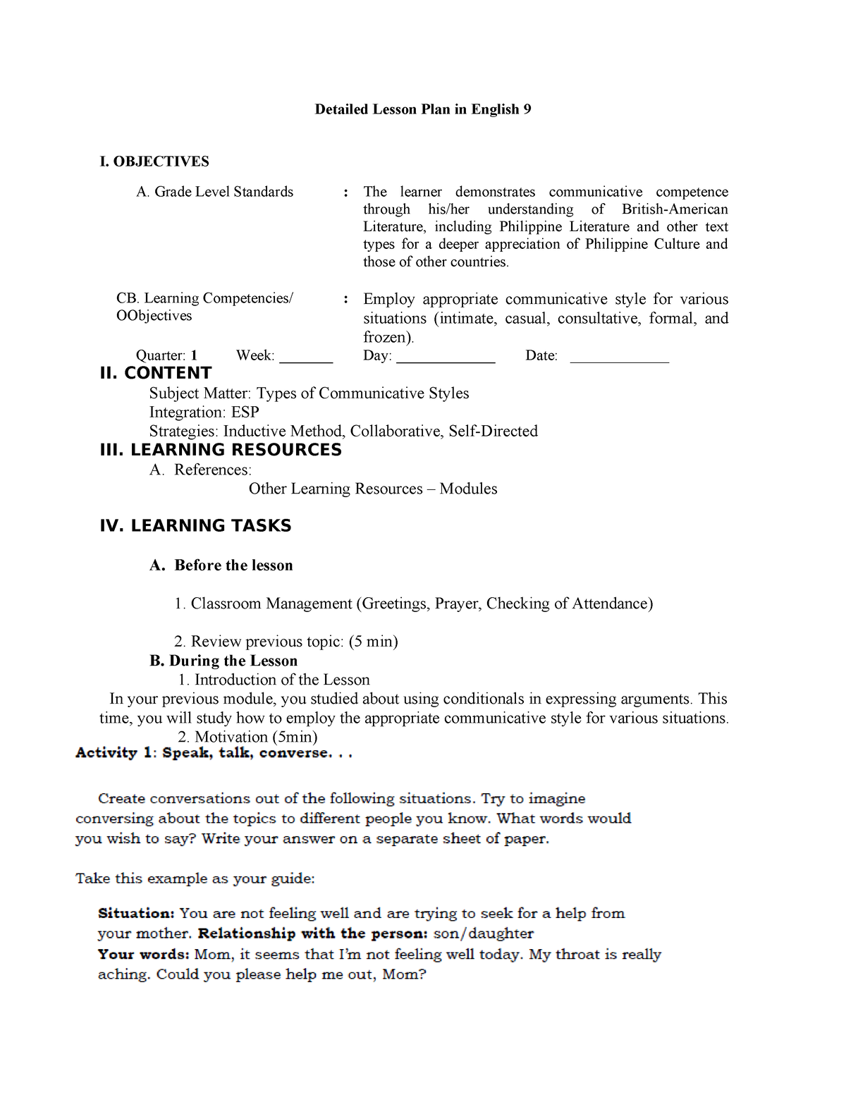 Eng93Lesson Plan - Detailed Lesson Plan in English 9 I. OBJECTIVES A ...