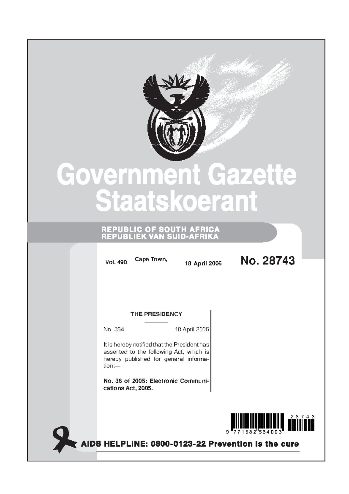 Electronic Communications Act 36 of 2005 Vol. 490 Cape Town, 18 April