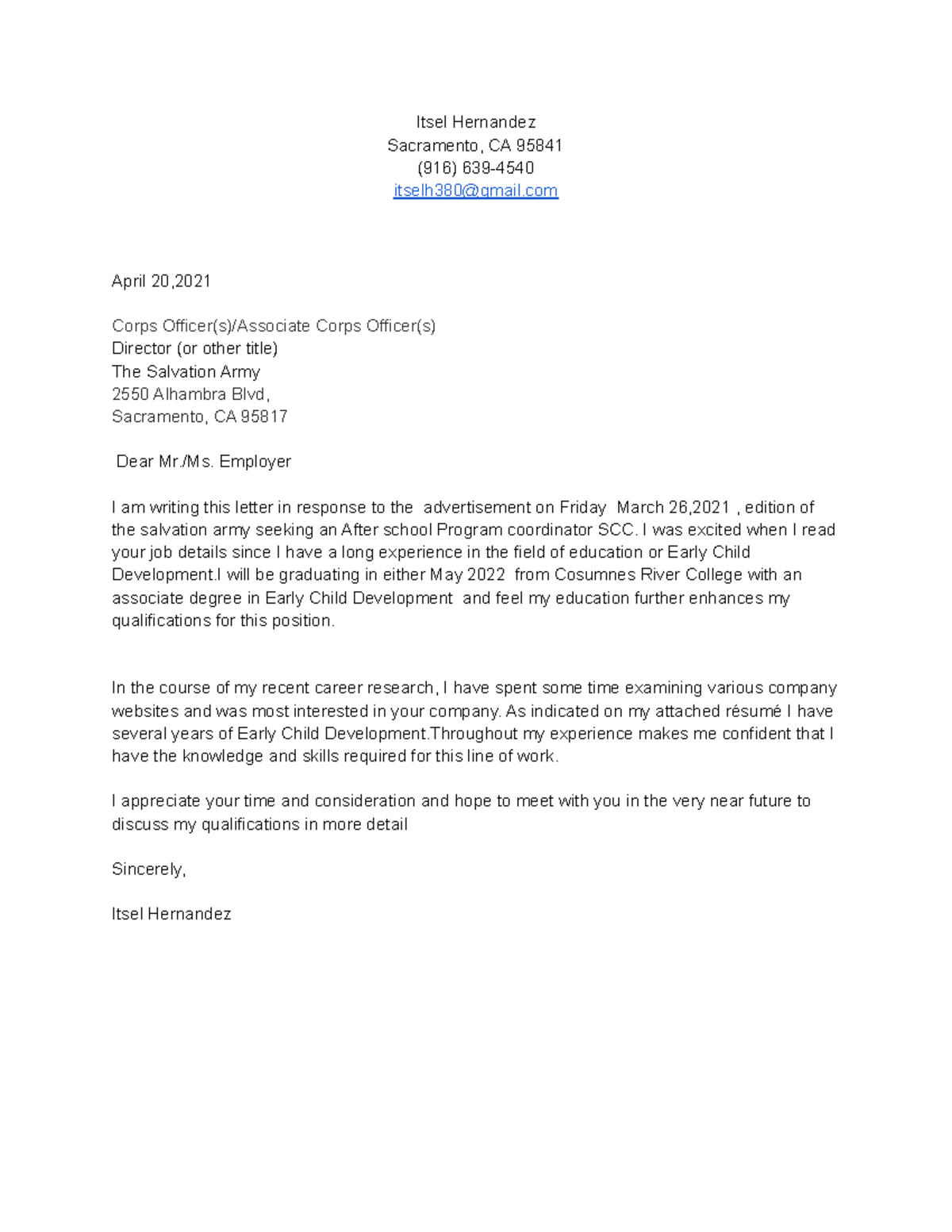 Cover Letter Itsel Hernandez - Itsel Hernandez Sacramento, CA 95841 ...