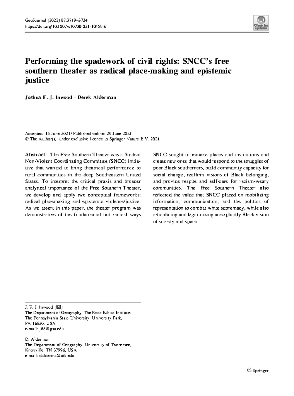 Performing the spadework of civil rights SNCC’s free southern theater as radical placemaking