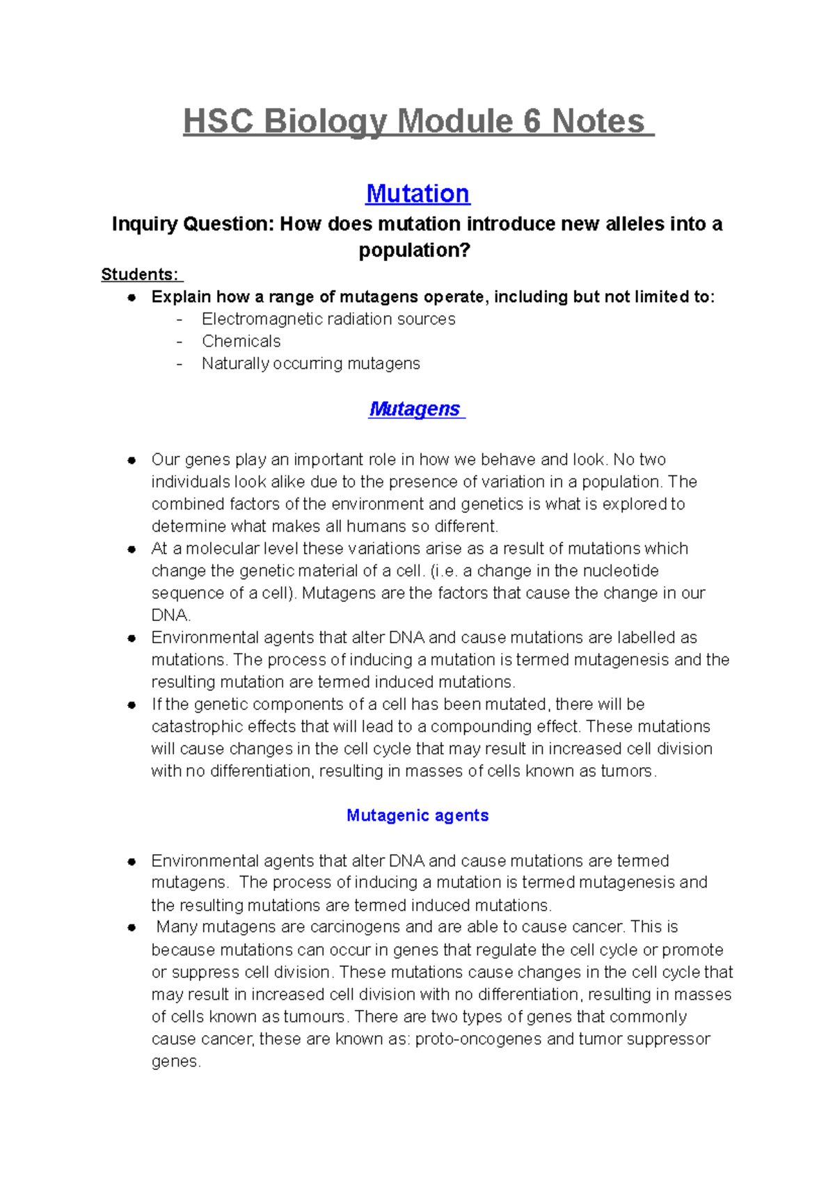HSC Biology Mod 6 notes HSC Biology Module 6 Notes Mutation Inquiry