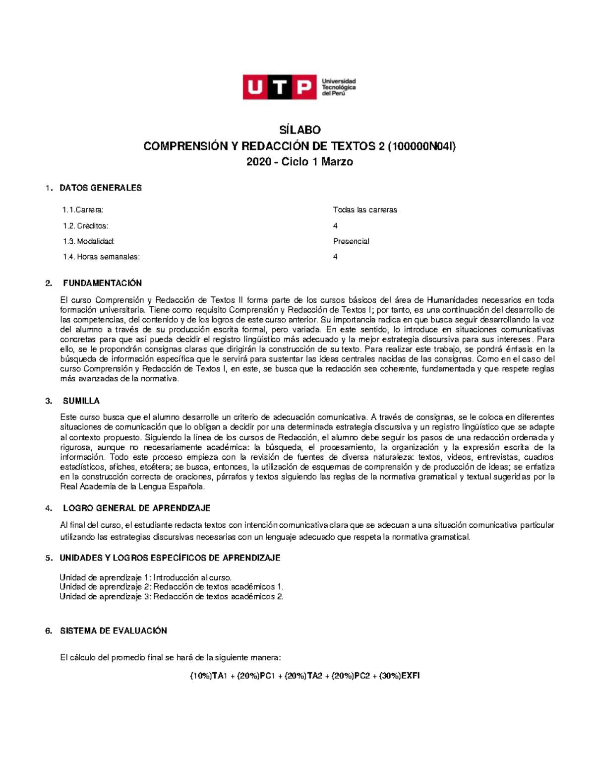 100000 N04I Comprension YRedaccion De Textos 2 - SÍLABO COMPRENSIÓN Y ...