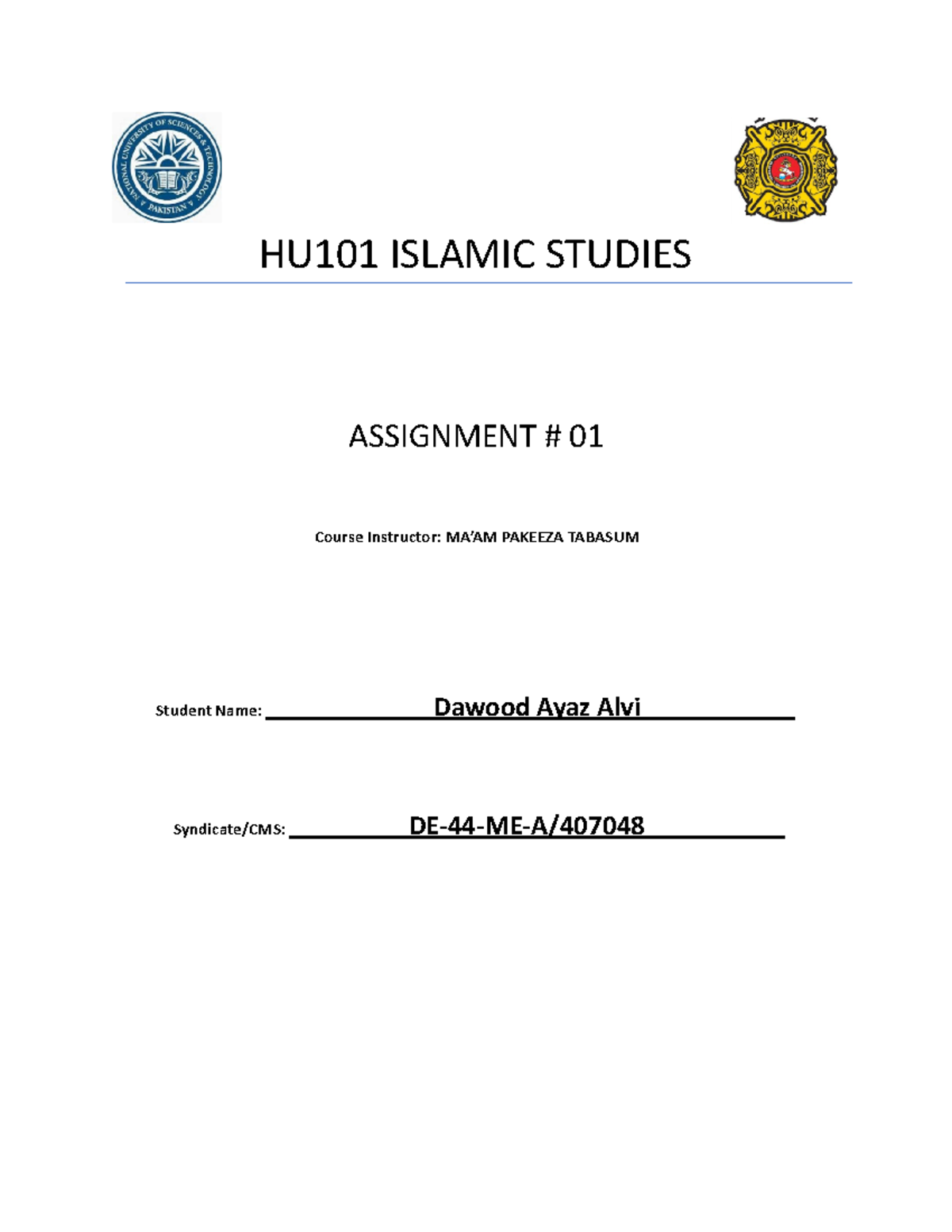 HU101 Islamic Studies - HU101 ISLAMIC STUDIES ASSIGNMENT # 01 Course ...