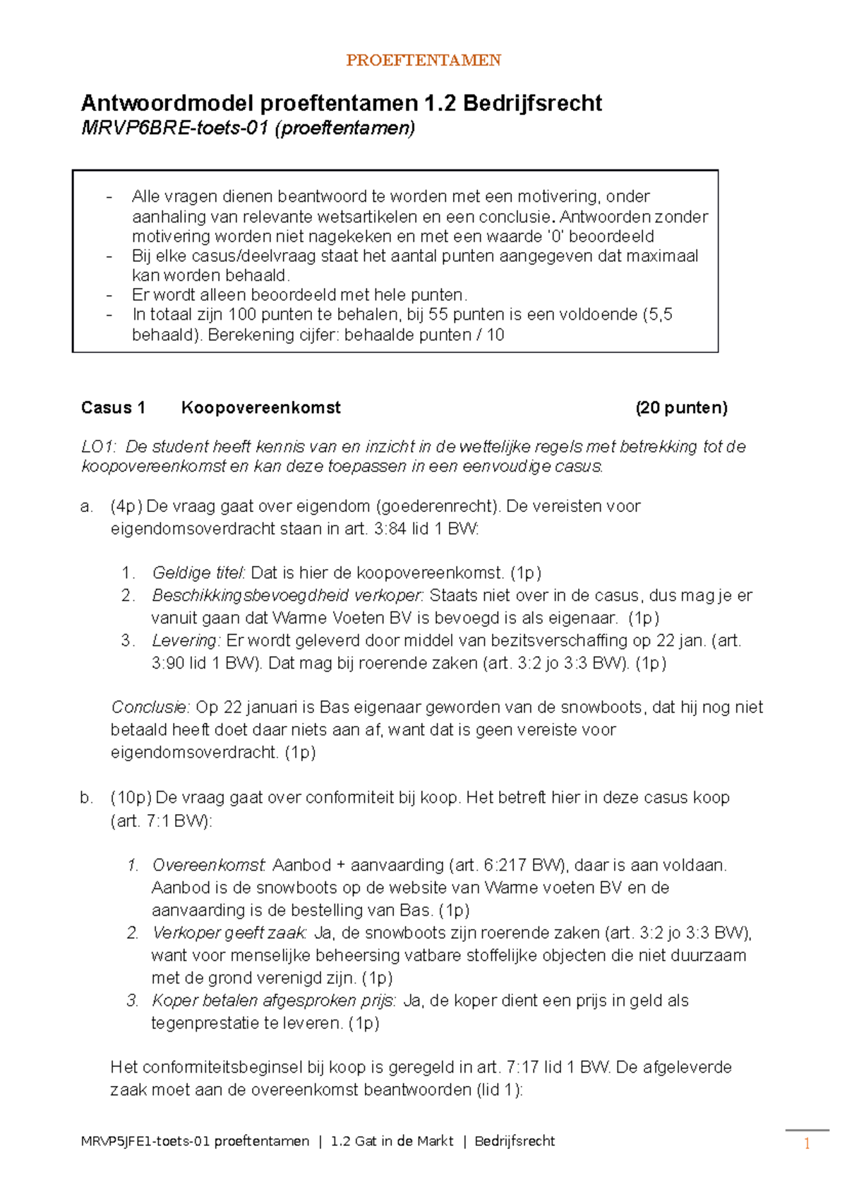 Bedrijfsrecht - Proeftentamen Antwoordmodel - PROEFTENTAMEN ...