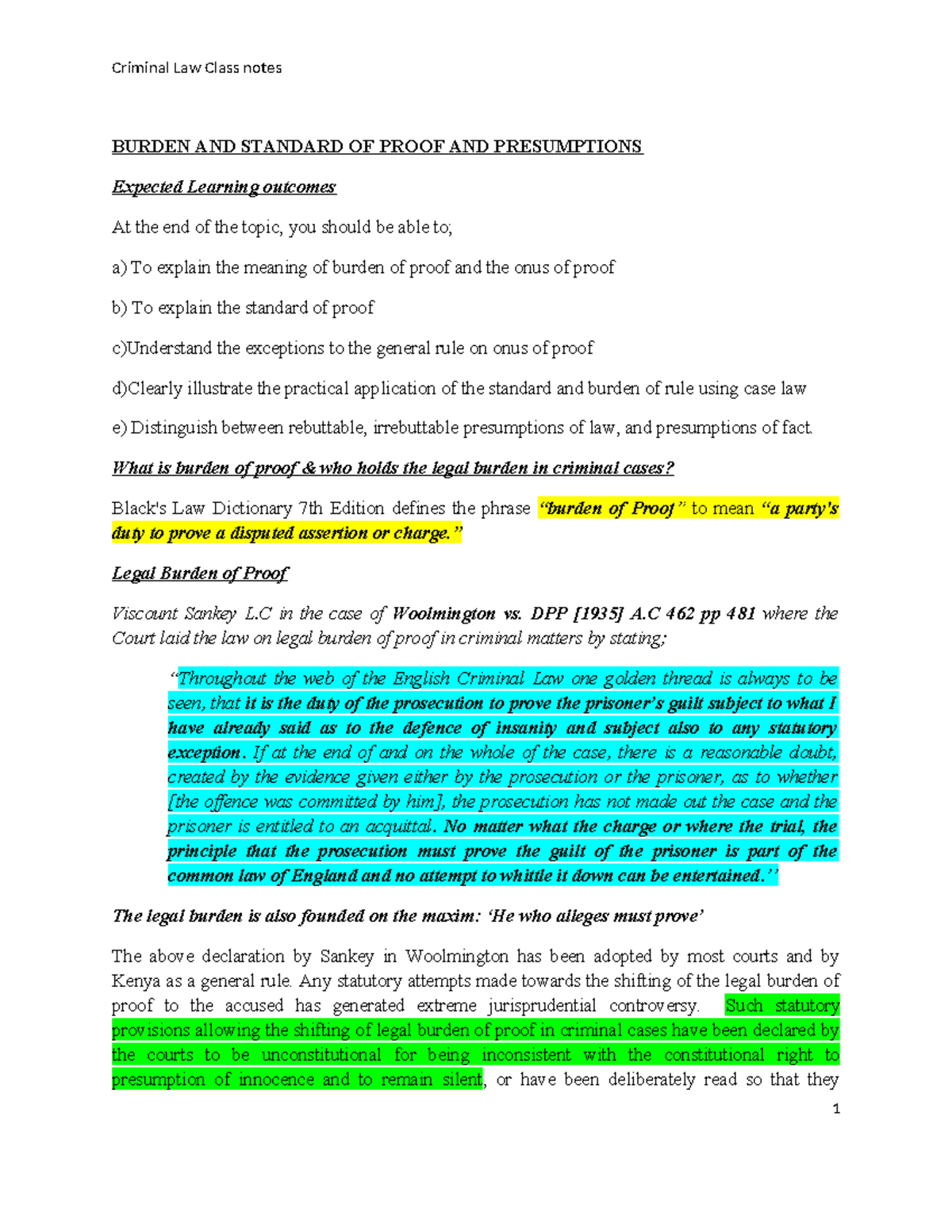Burden OF Proof AND Presumption Class Notes 23 - BURDEN AND STANDARD OF ...