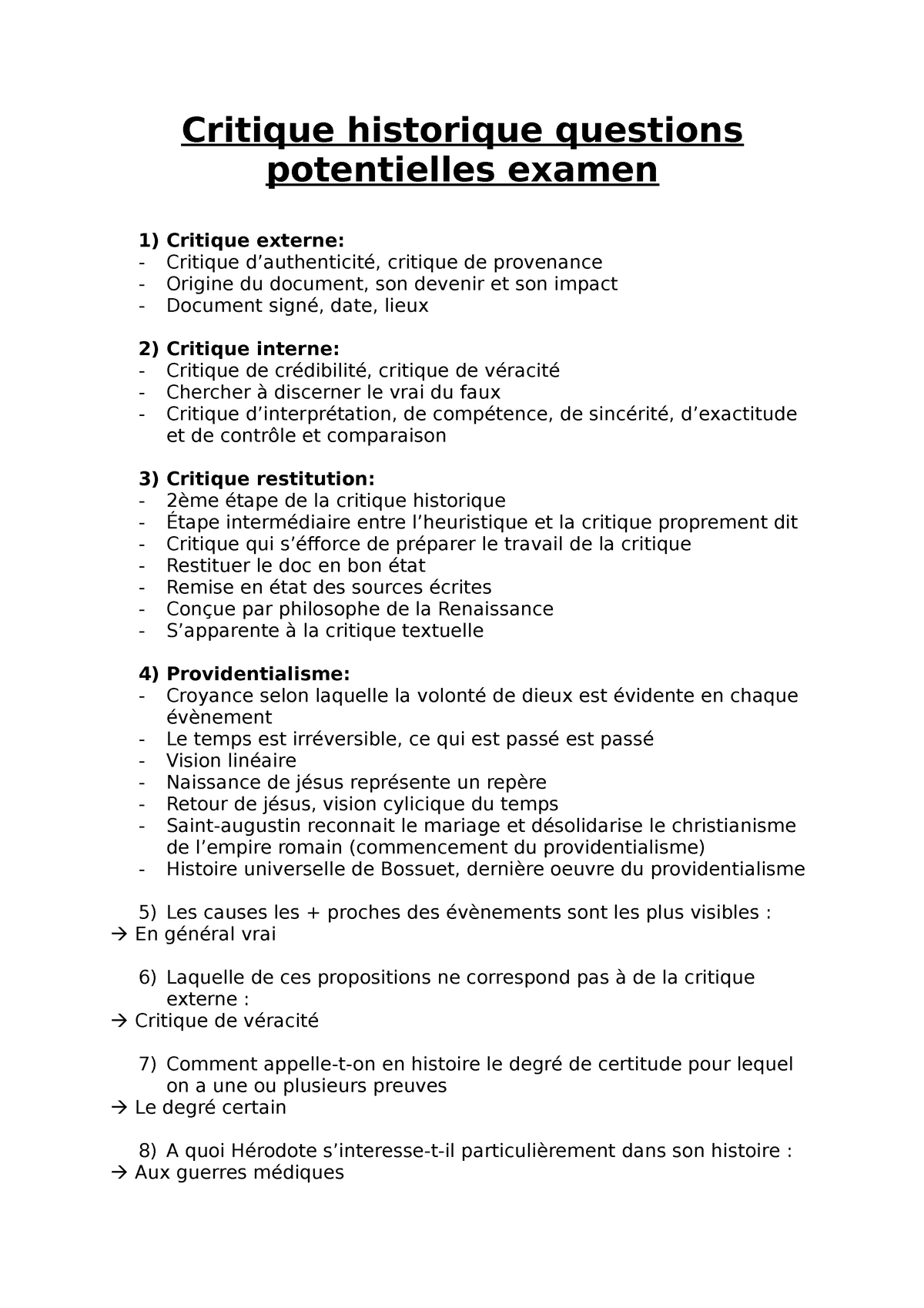 Critique historique questions potentielles examen Critique