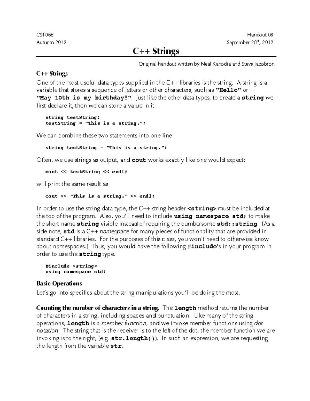 08-C++-Strings - Programming - CS106B Handout 08 Autumn 2012 September ...