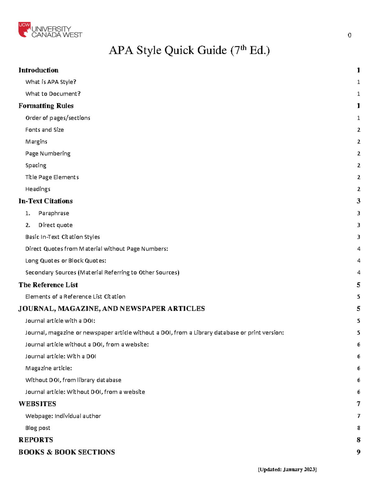 UCW Library APA Quick Guide 7th Ed th APA Style Quick Guide ( Introduction Ed.) What is APA