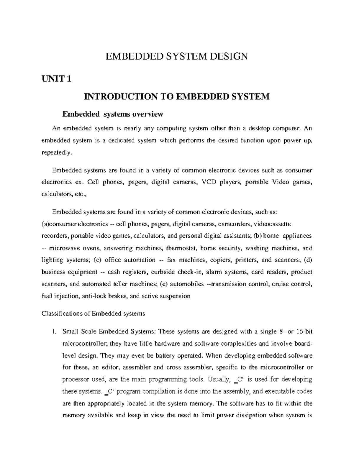BEI605- Embedded-System - EMBEDDED SYSTEM DESIGN UNIT 1 INTRODUCTION TO ...