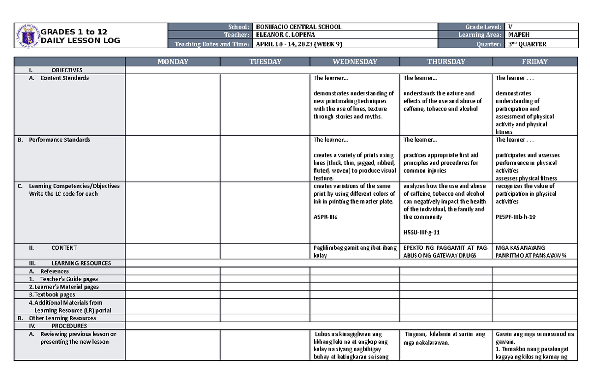 Dll Mapeh 5 Q3 W9 Daily Lesson Log Grades 1 To 12 Daily Lesson Log School Bonifacio Central 2345