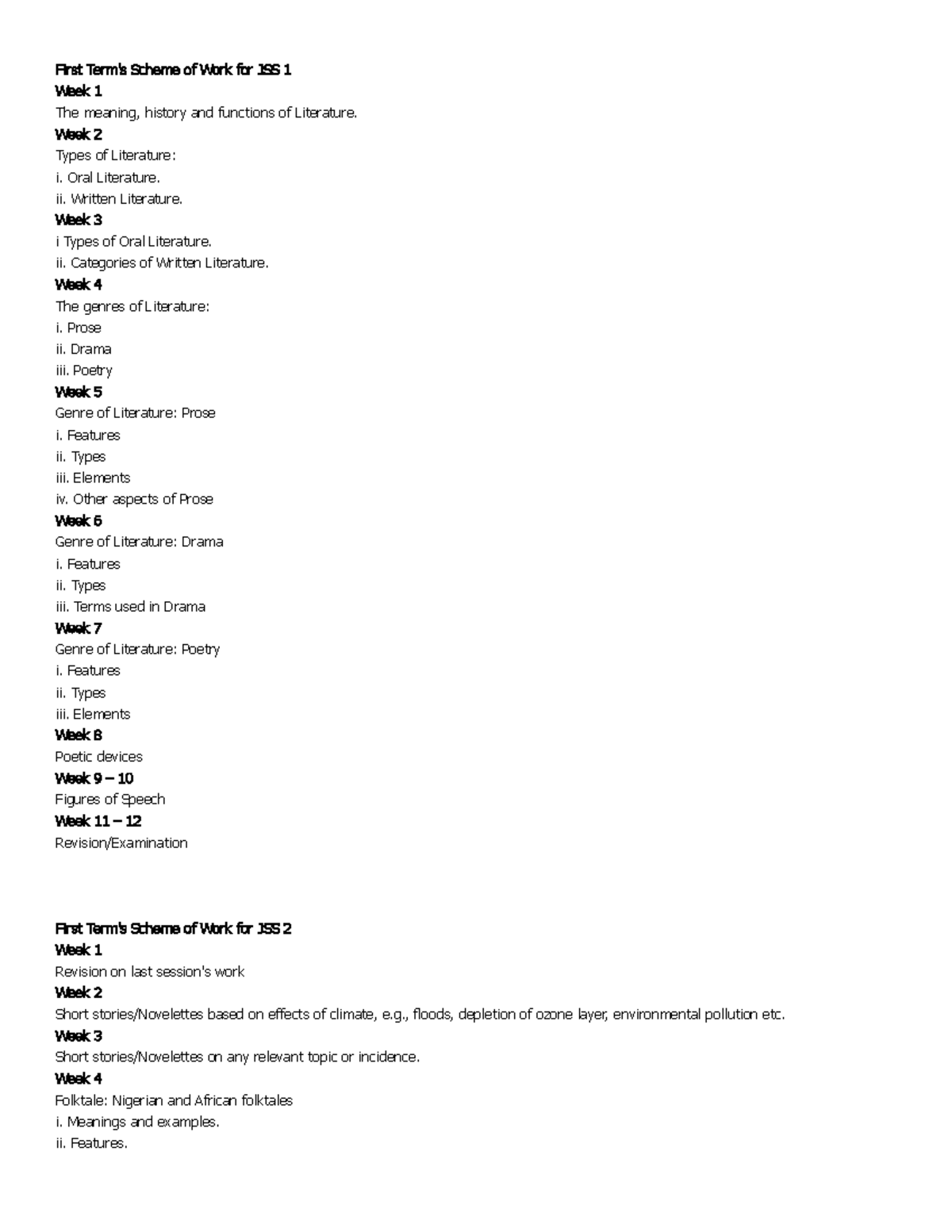 Scheme Of Work Litrerature - First Term's Scheme Of Work For JSS 1 Week ...