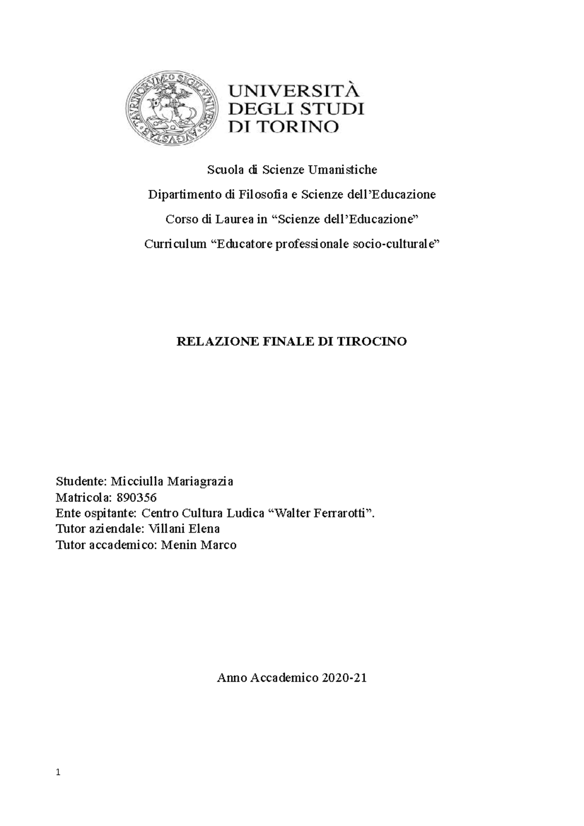 esempio di relazione finale di tirocinio