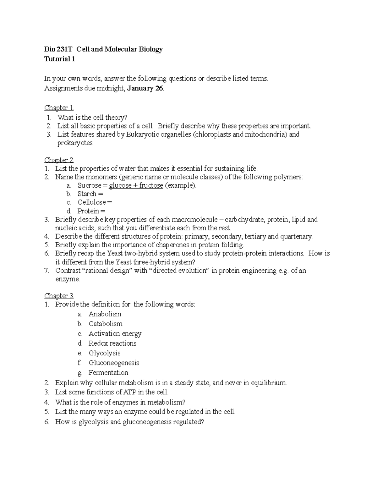 Tutorial Of First 3 Chapters Bio 231T Cell And Molecular Biology