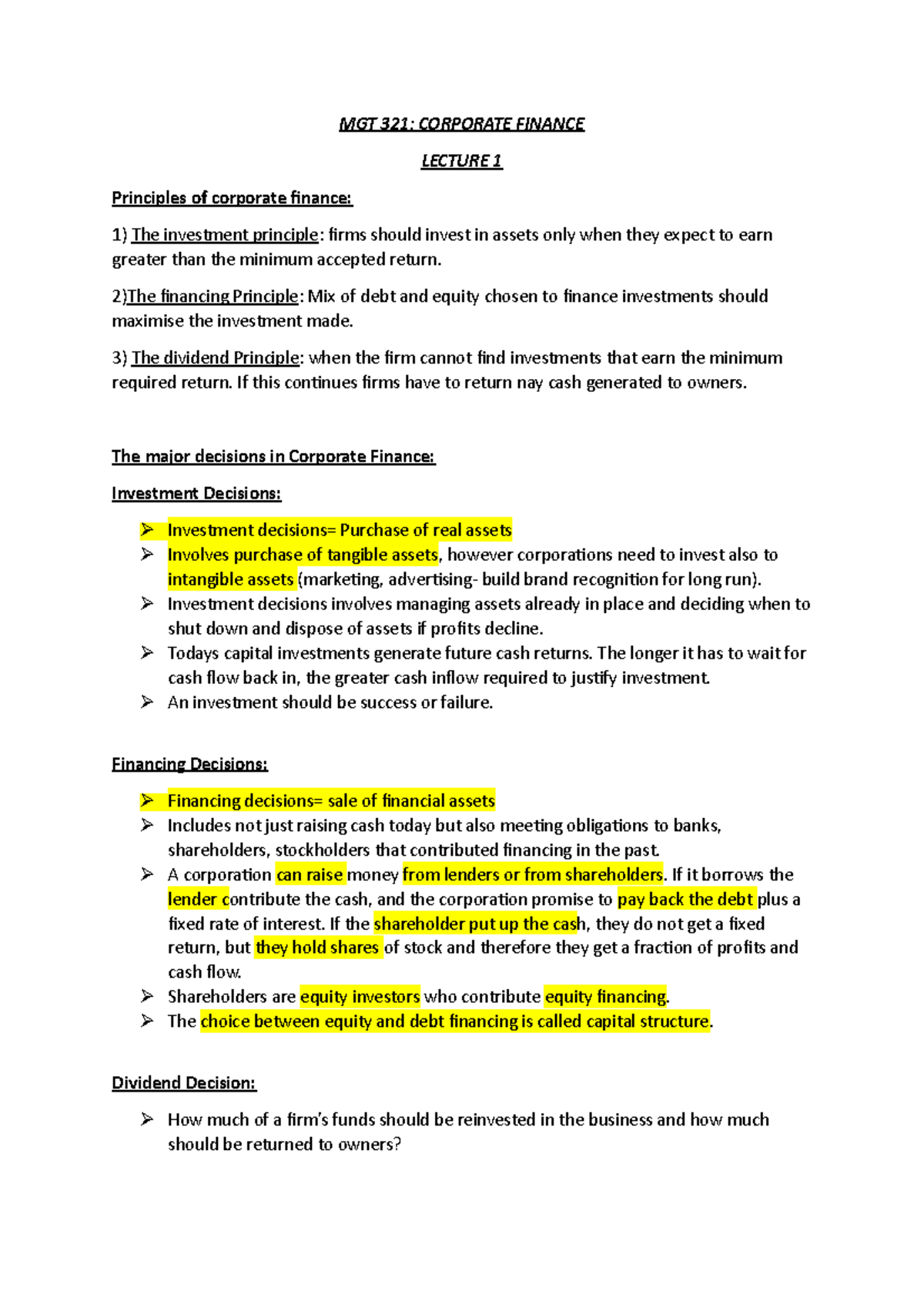 Lecture 1 : introduction to corporate finance - MGT 321: CORPORATE ...