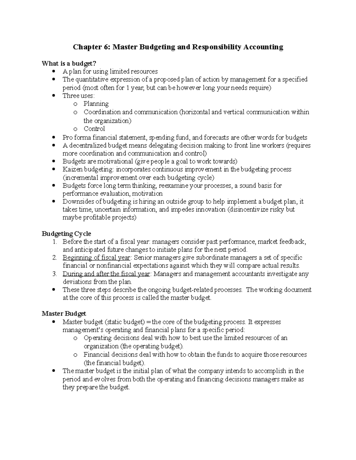 Chapter 6 - Master Budgeting - Chapter 6: Master Budgeting And ...