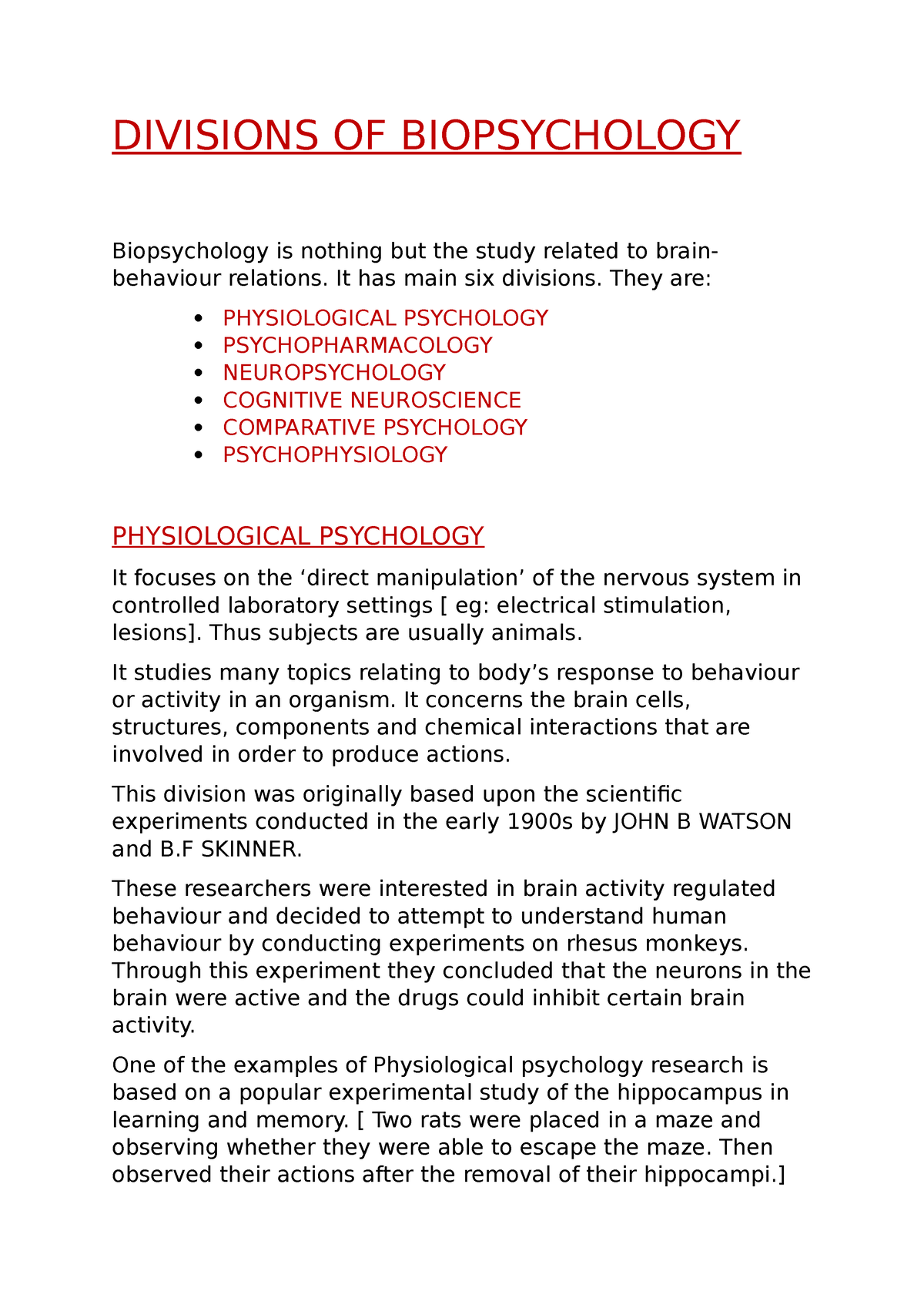 Divisions OF Biopsychology - DIVISIONS OF BIOPSYCHOLOGY Biopsychology ...