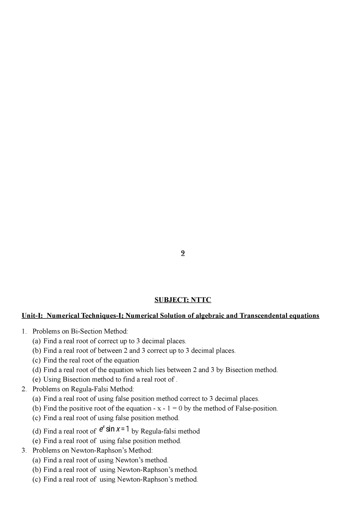 NTTC Practice - 9 SUBJECT: NTTC Unit-I: Numerical Techniques-I ...