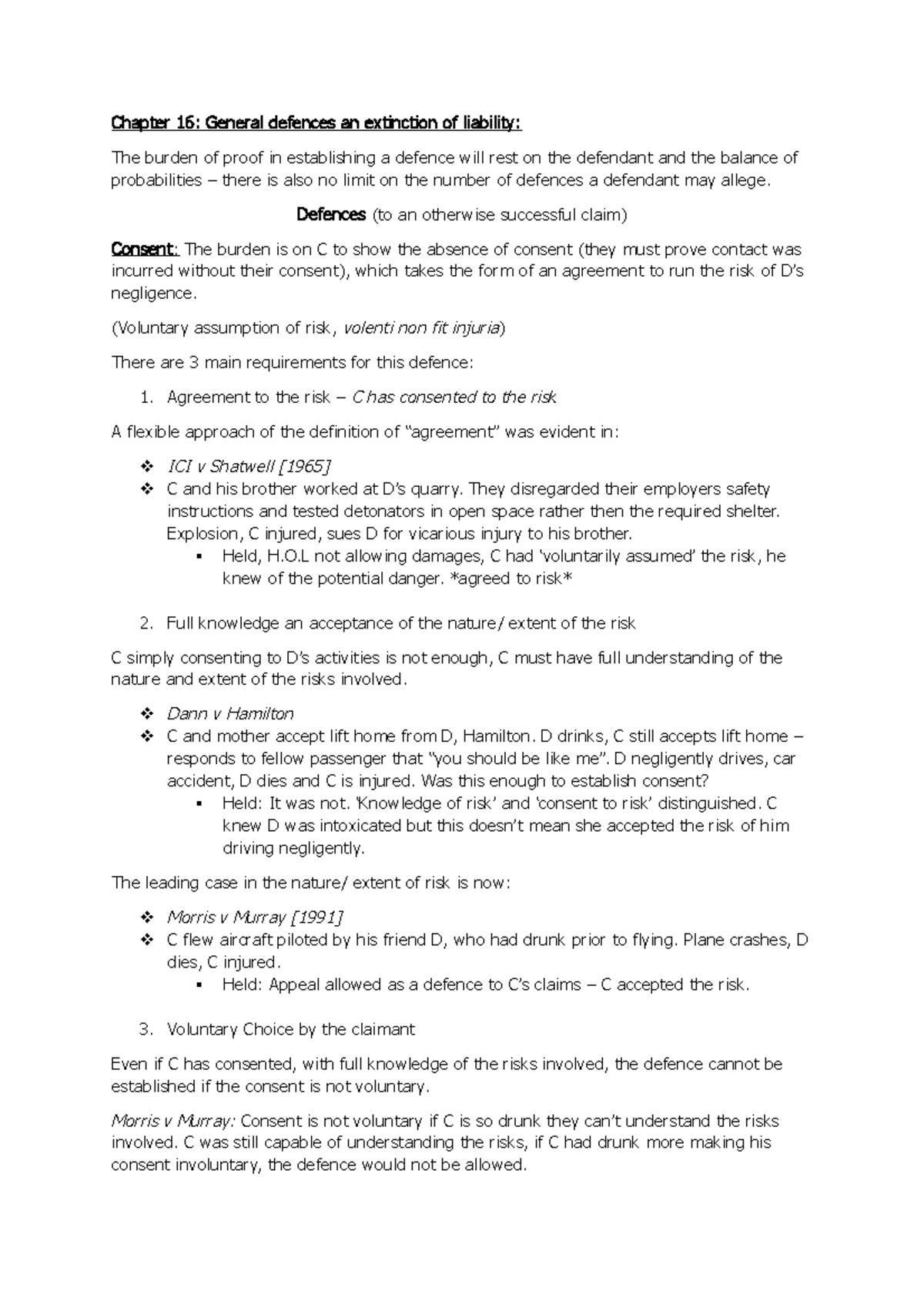General Defences - Summary Torts - Chapter 16: General defences an ...