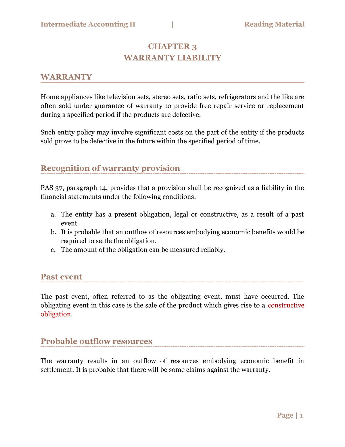 Reading Material 2 Intermediate Accounting - CHAPTER 3 WARRANTY ...