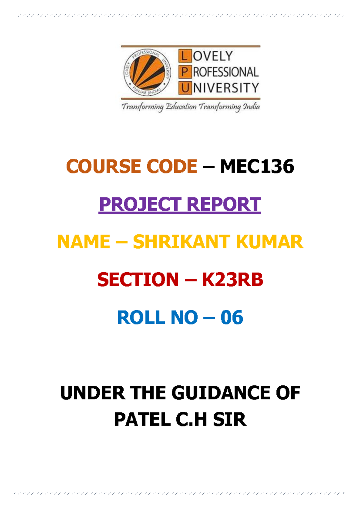 RK23RBA06 Project - Design project MEC136 12308560 Shrikantm ...