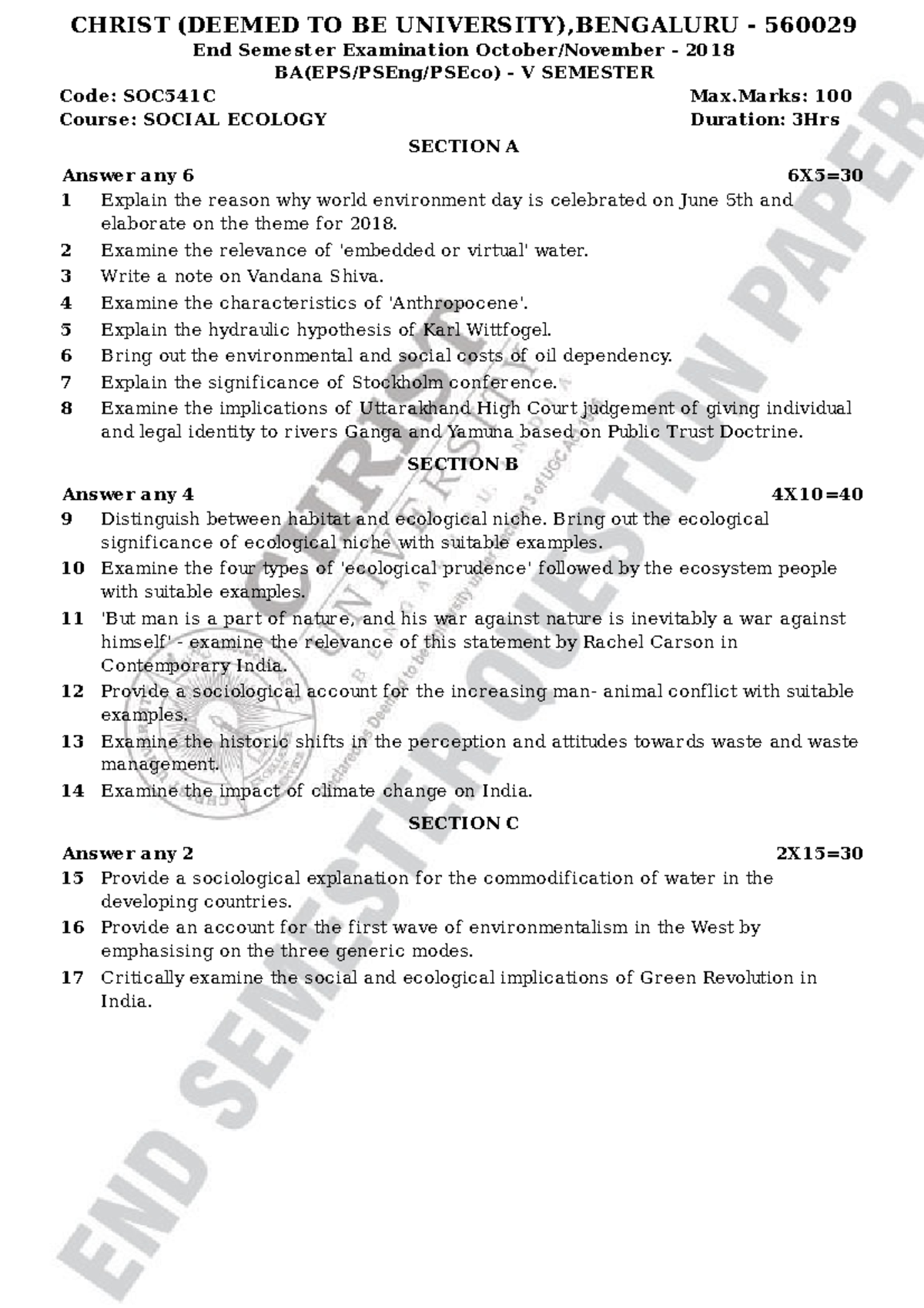 SOC541C - question paper - CHRIST (DEEMED TO BE UNIVERSITY),BENGALURU ...