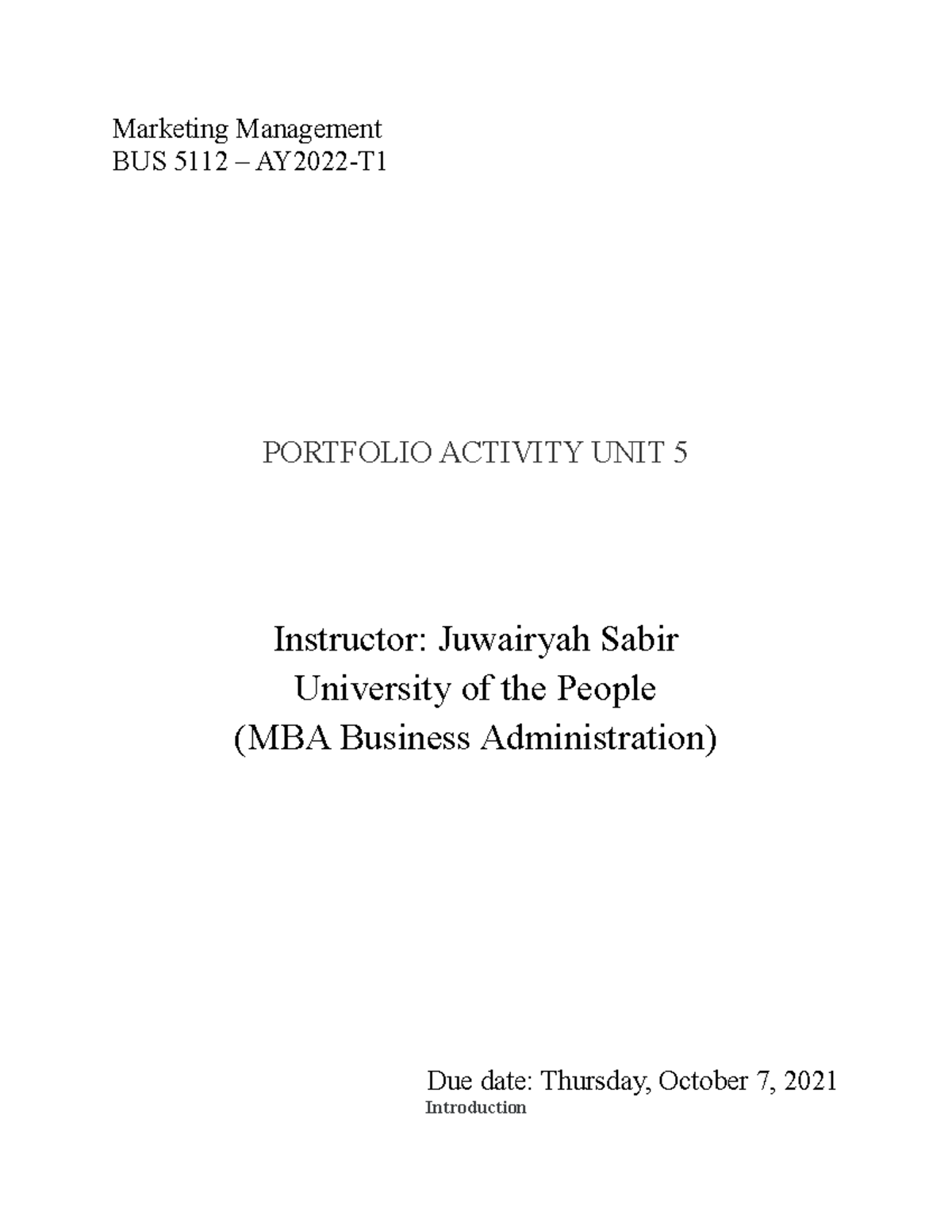 Mm Portfolio Activity Unit 5 Marketing Management Bus 5112 Ay2022 T
