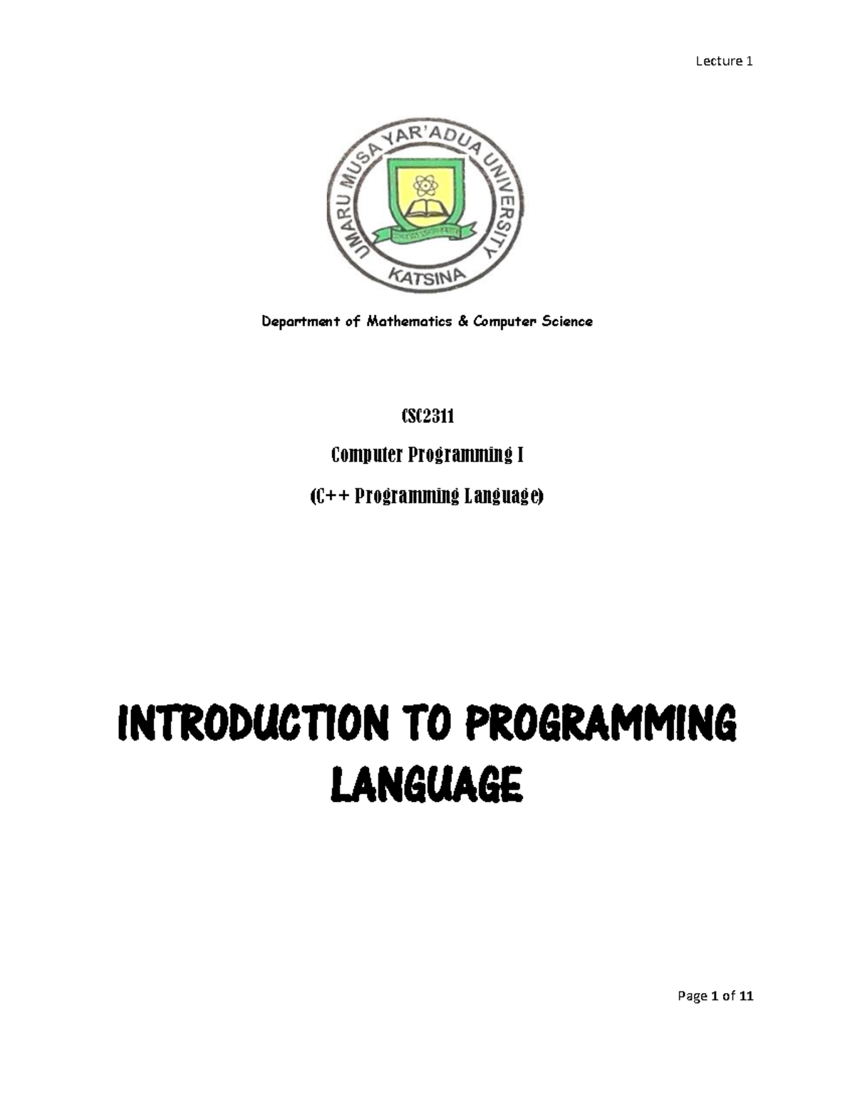 C++ CSC2311 - Lecture 1 - N/A - Department of Mathematics & Computer ...