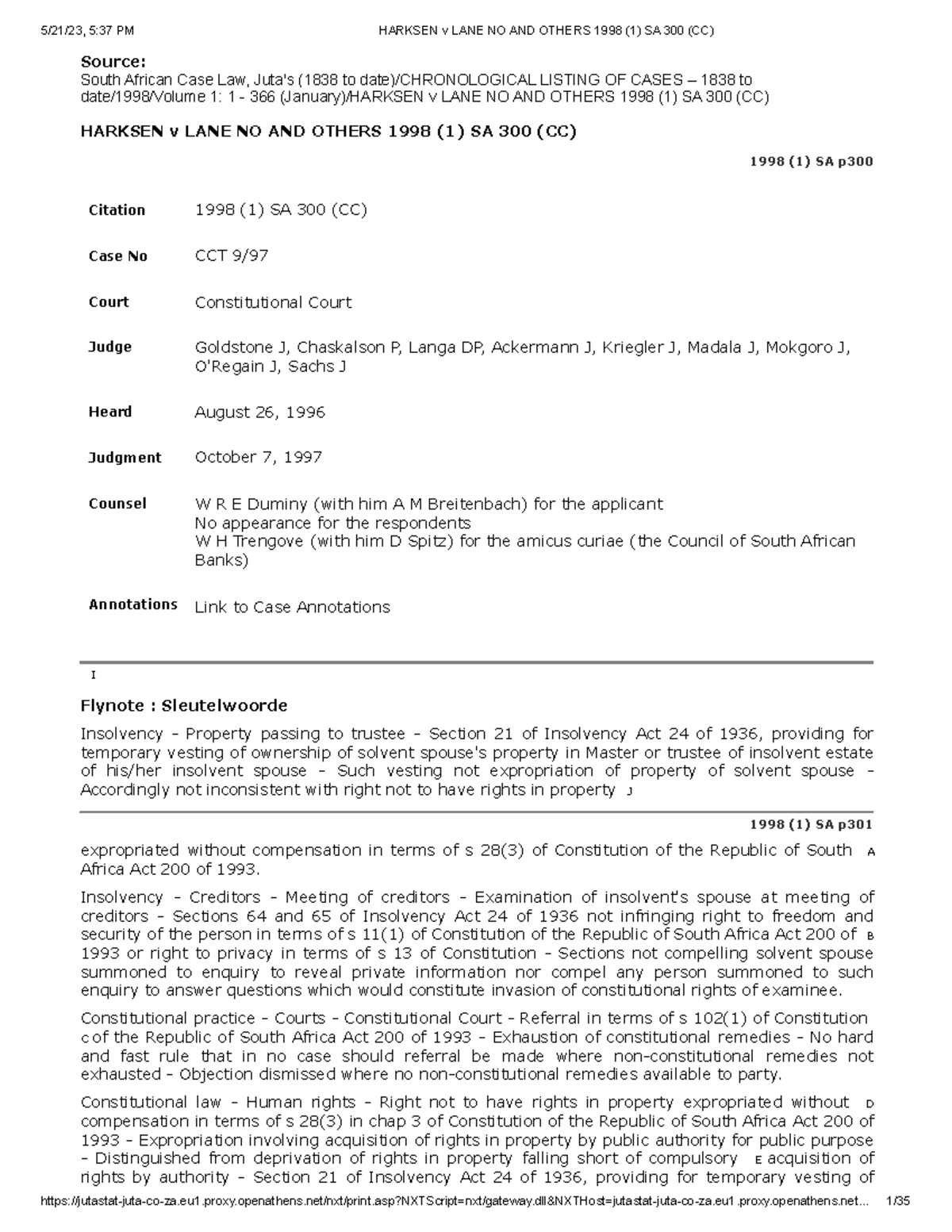 Harksen v LANE NO AND Others 1998 (1) SA 300 (CC) Studocu