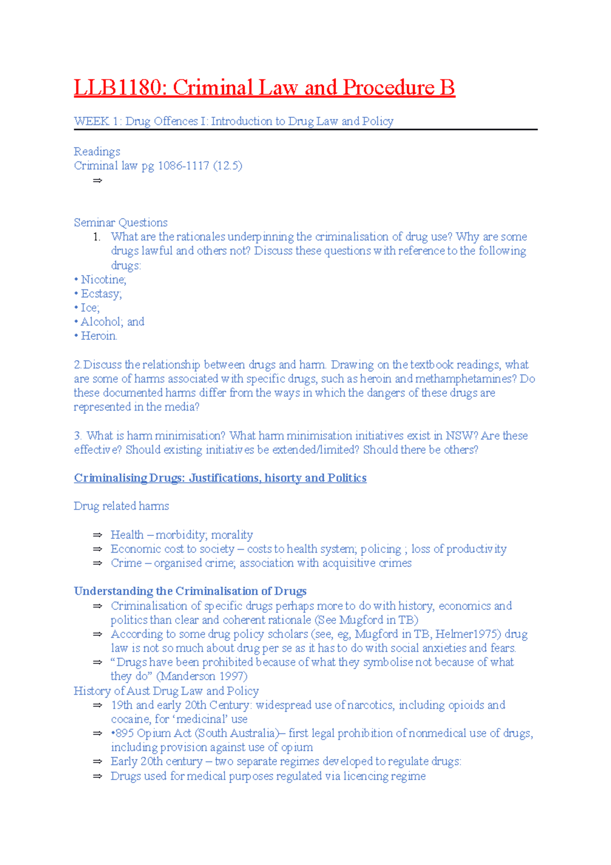 WEEK 1 - WEEK 1 - LLB1180: Criminal Law And Procedure B WEEK 1: Drug ...