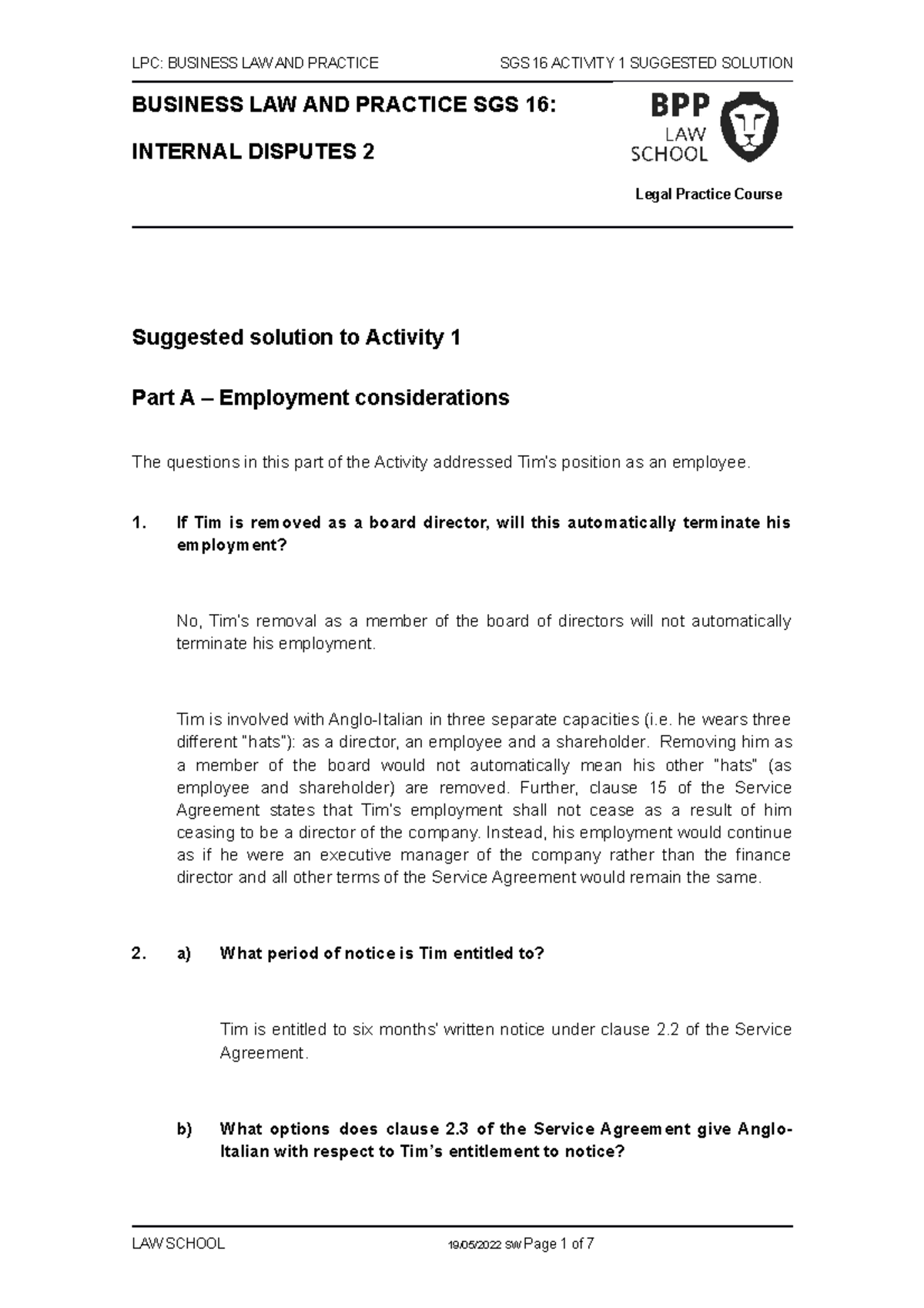 BLP SGS 16 Activity 1 solution 22-23 - LPC: BUSINESS LAW AND PRACTICE ...