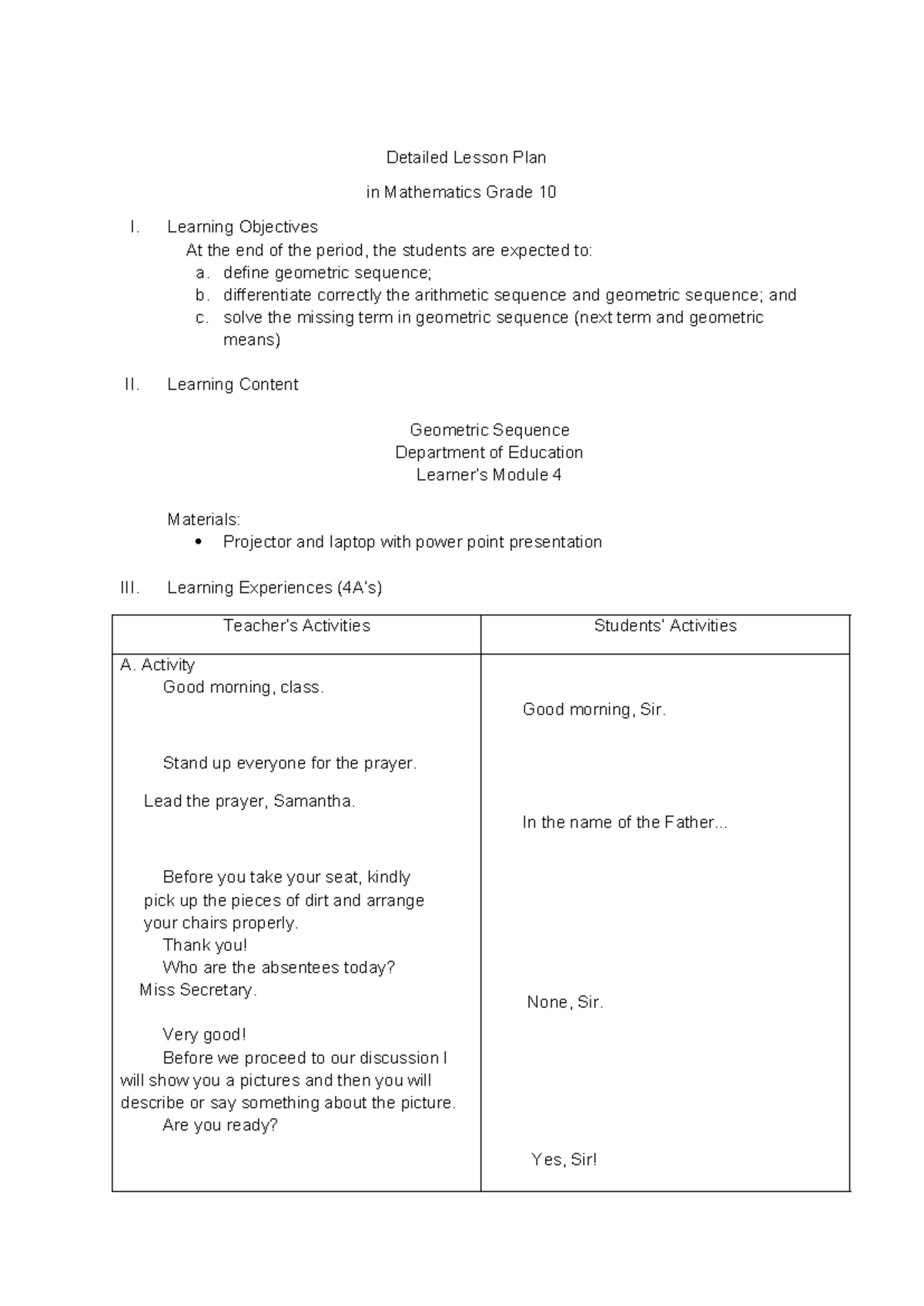 DLP Geometric Sequence - Detailed Lesson Plan in Mathematics Grade 10 I ...