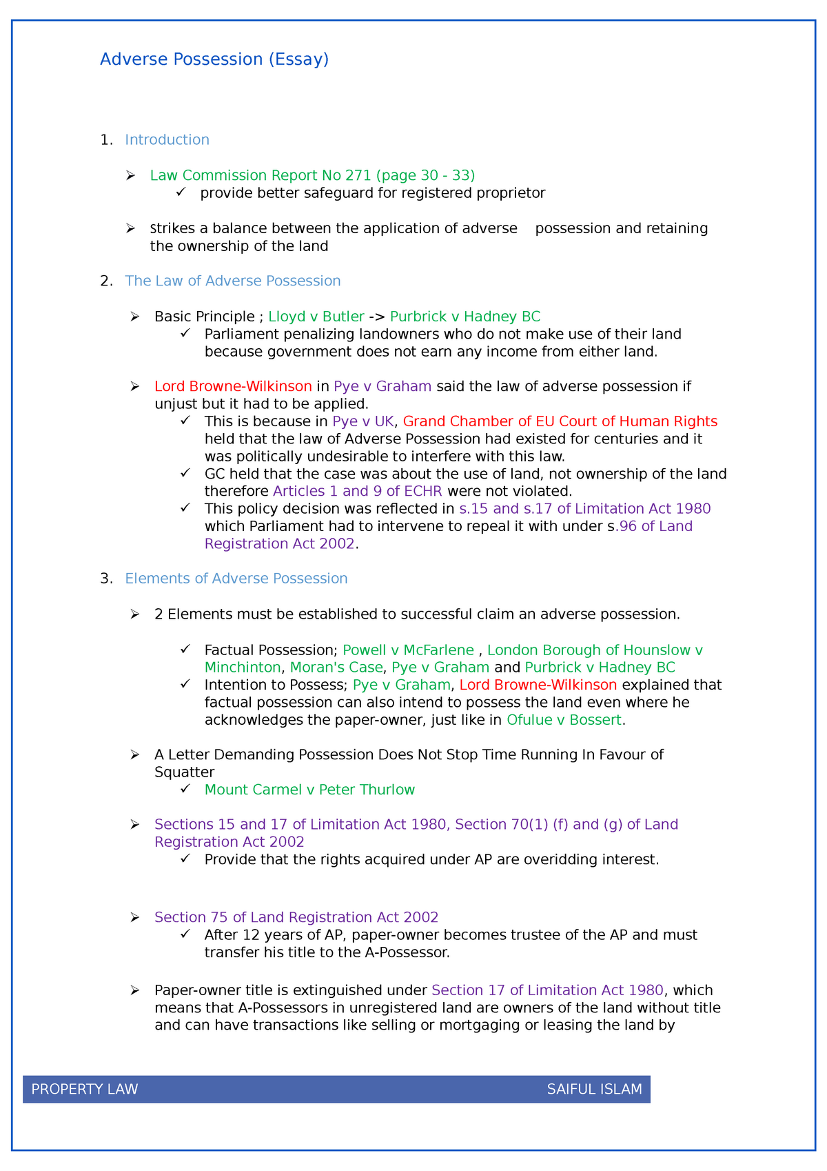 Adverse Possession Quick Notes - Adverse Possession (Essay ...