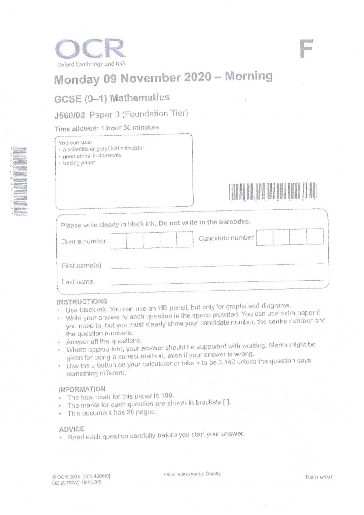 OCR GCSE Maths November 2020 Paper 3 Foundation - MATH 4083 - Studocu