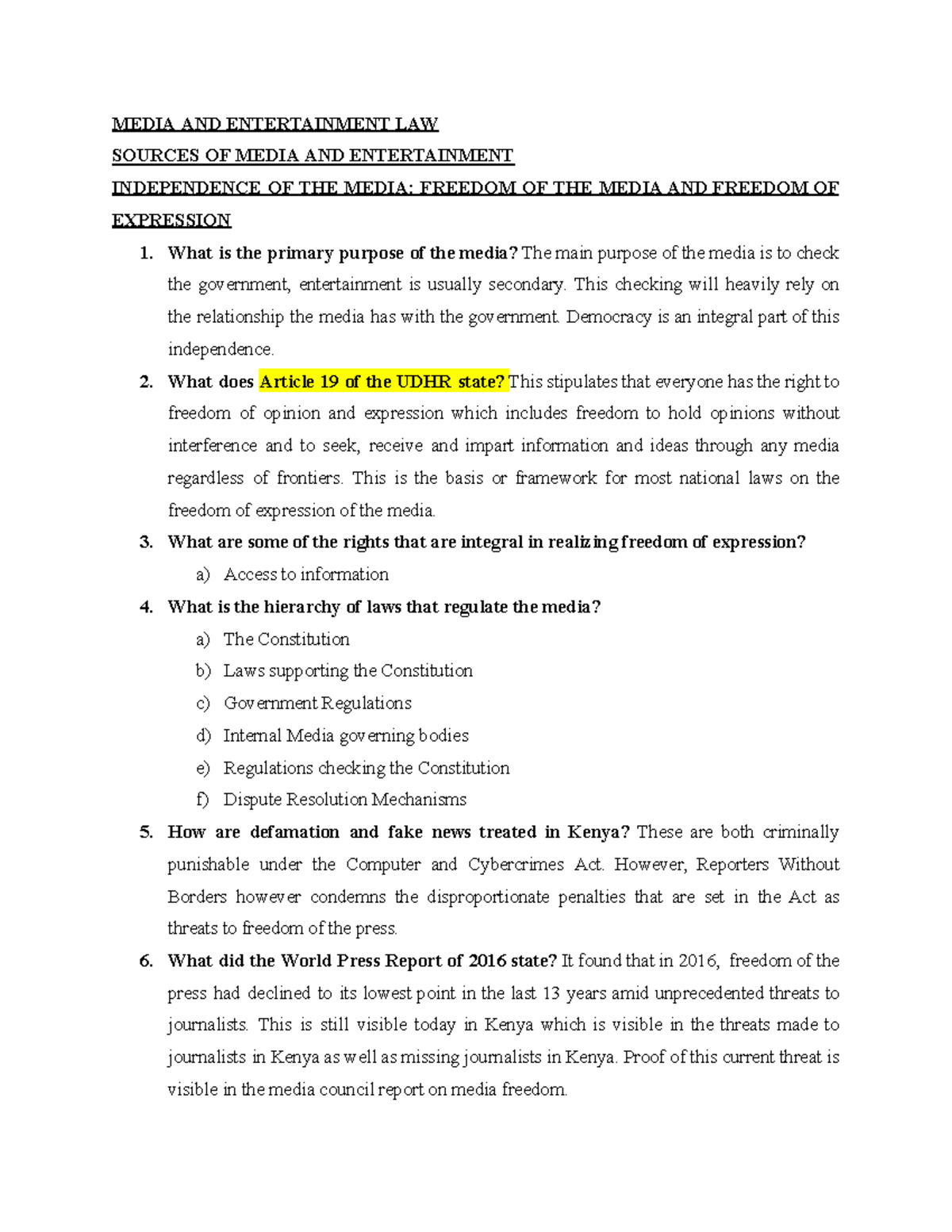 Media AND Entertainment LAW MEDIA AND ENTERTAINMENT LAW SOURCES OF MEDIA AND ENTERTAINMENT