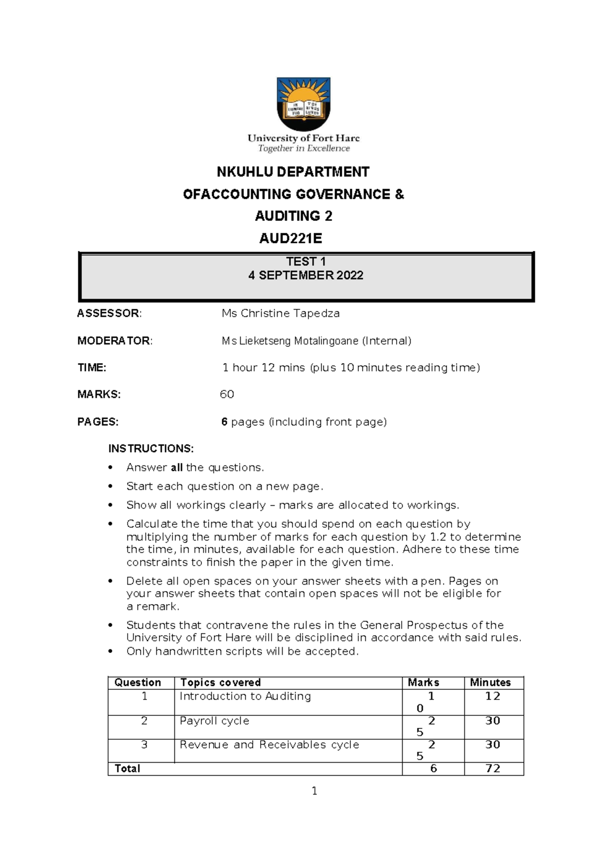 AUD221E - TEST 1 - Test - NKUHLU DEPARTMENT OFACCOUNTING GOVERNANCE ...