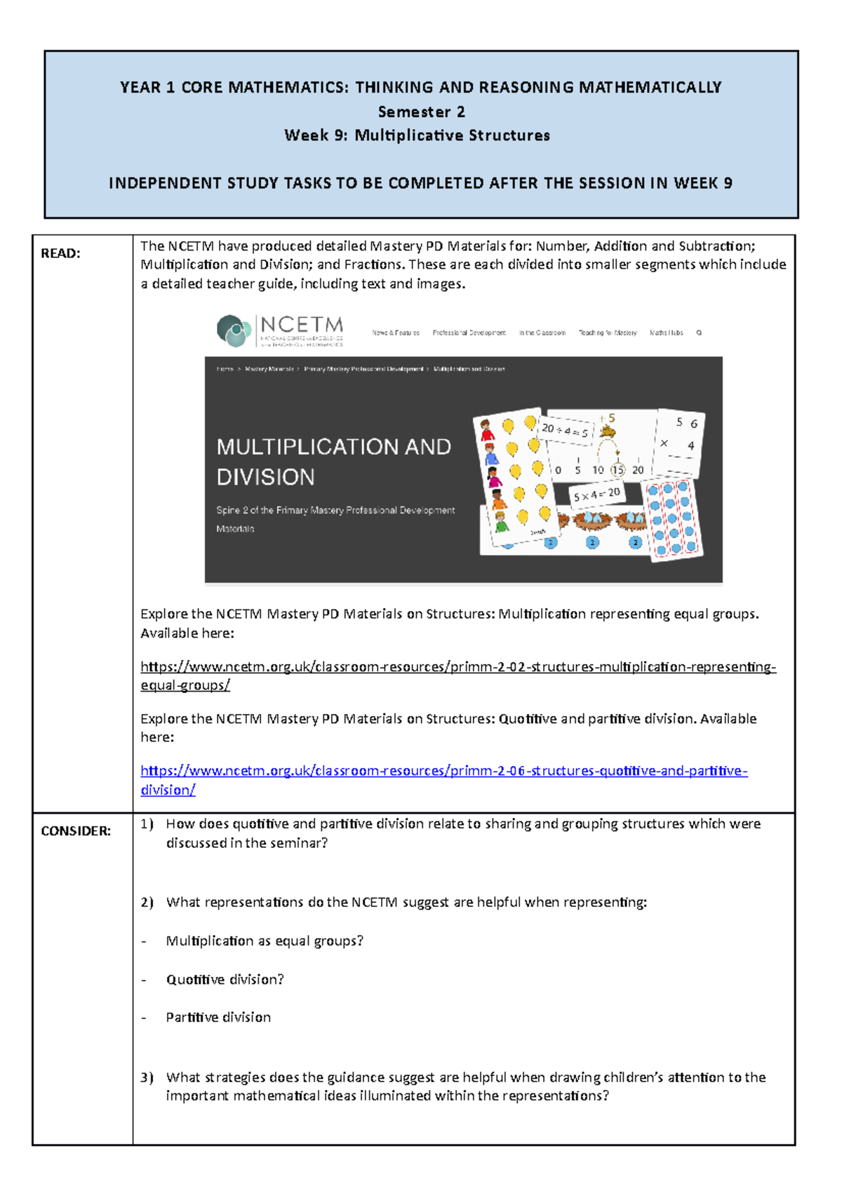 Tasks prior to week 10 - YEAR 1 CORE MATHEMATICS: THINKING AND ...
