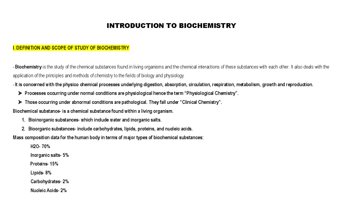 Introduction to Biochemistry INTRODUCTION TO BIOCHEMISTRY I