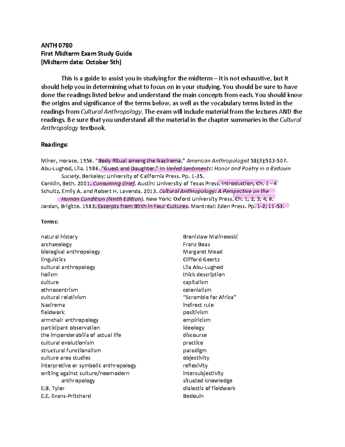 Midterm+1+Study+Guide+Fall+2022 - ANTH 0780 First Midterm Exam Study ...