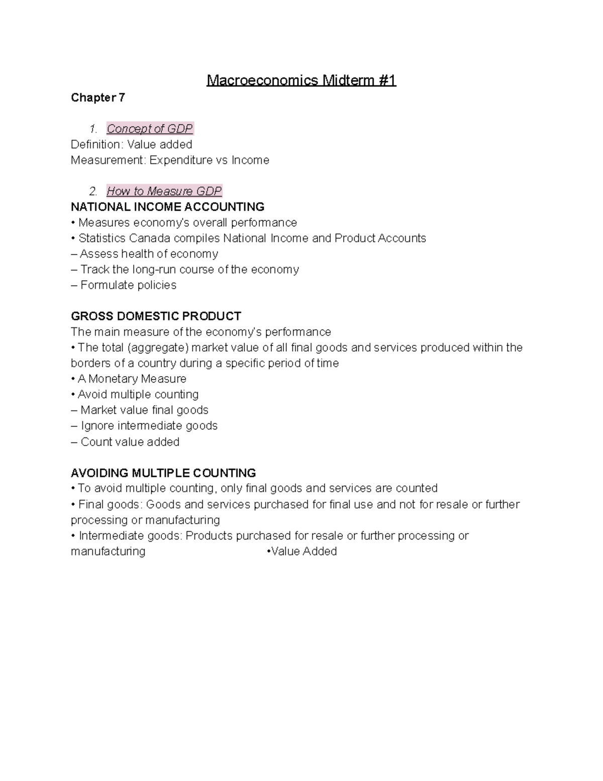 Macro Final Notes - Macroeconomics Midterm Chapter 7 Concept of GDP ...