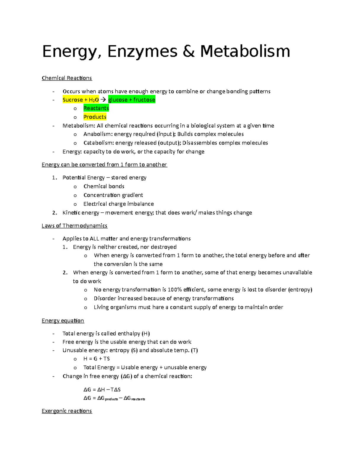 Energy, Enzymes and Metabolism - Energy, Enzymes & Metabolism Chemical ...