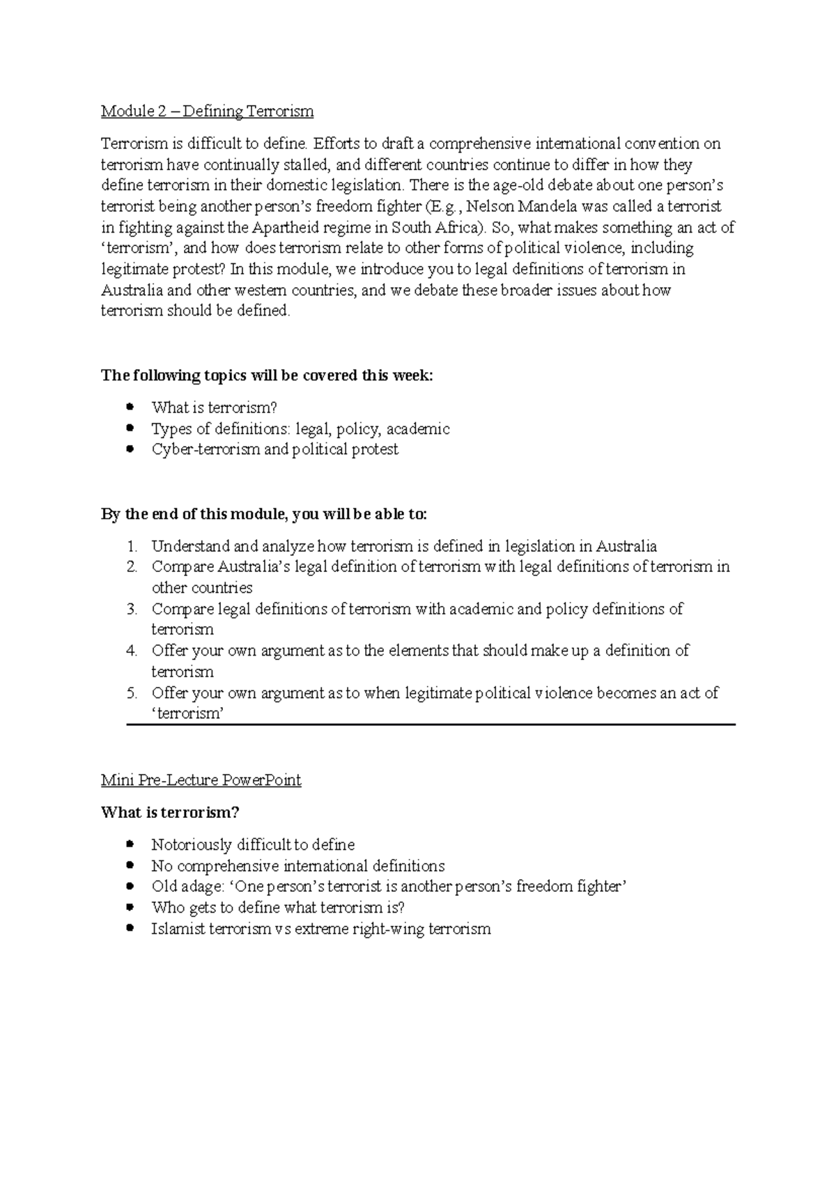 Week 2 - Defining Terrorism - Module 2 – Defining Terrorism Terrorism ...