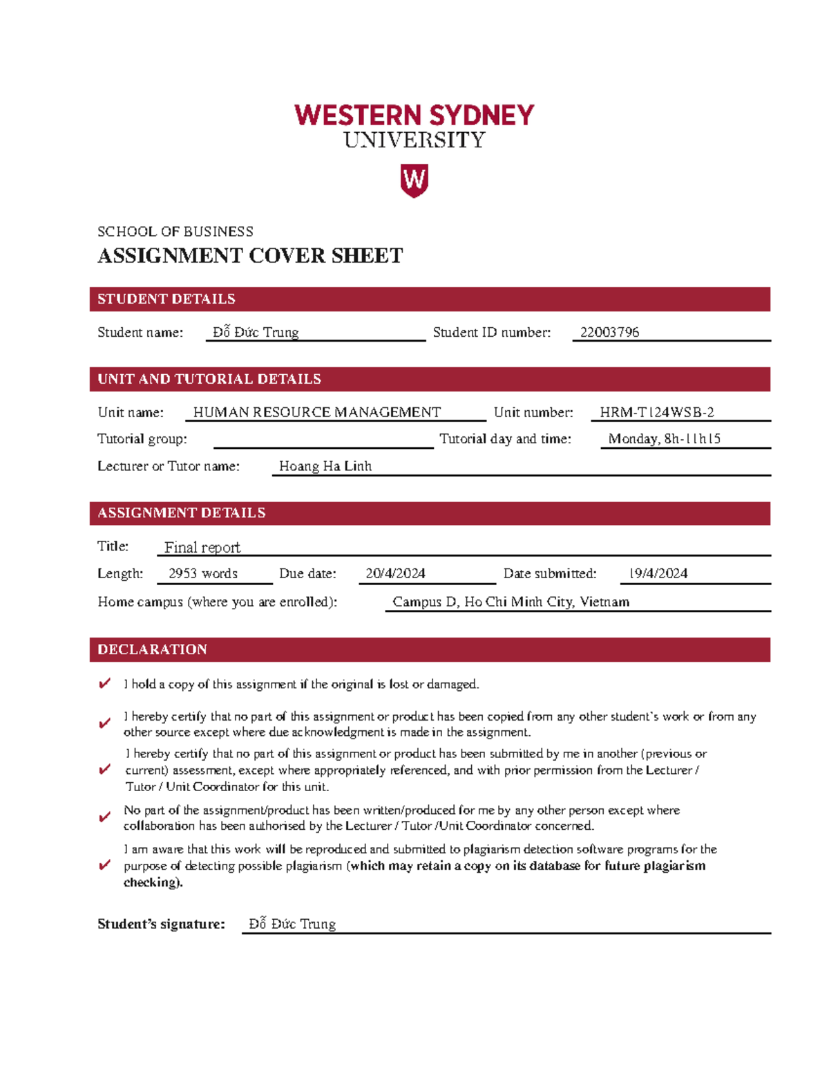 HRM2 Final Report Do Duc Trung 22003 796 - SCHOOL OF BUSINESS ...