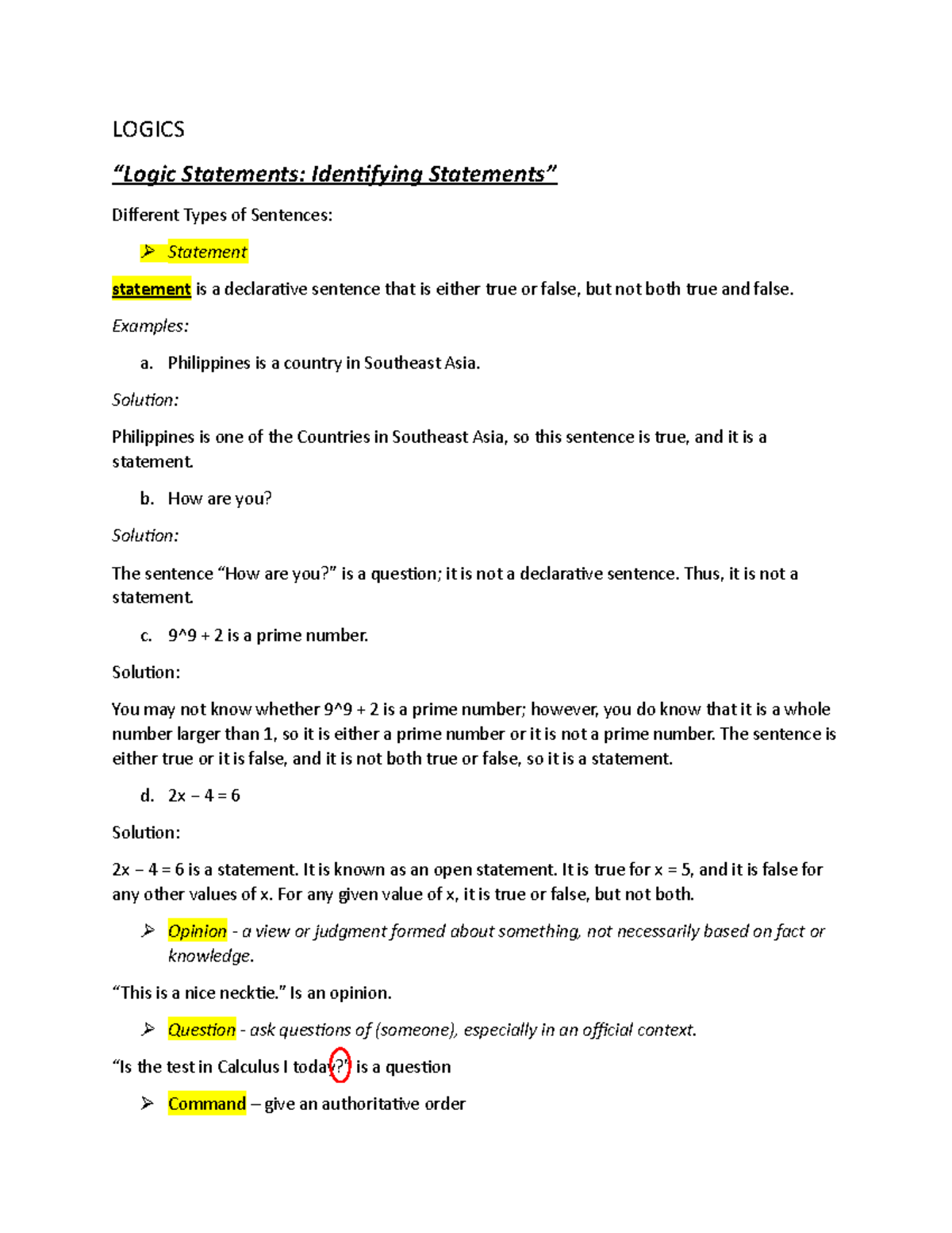 Logics-reviewer Summary and notes for quiz - LOGICS “Logic Statements ...