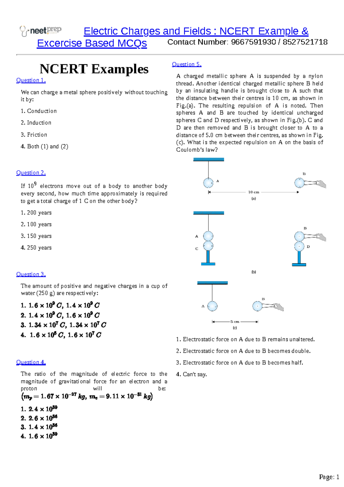 Ncert Examples & Exercises MCQs (XII - Physics) - Contact Number ...