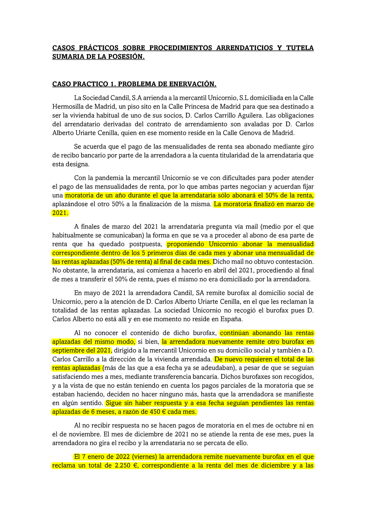 Casos Practicos Arrendamientos - CASOS PR¡CTICOS SOBRE PROCEDIMIENTOS ...